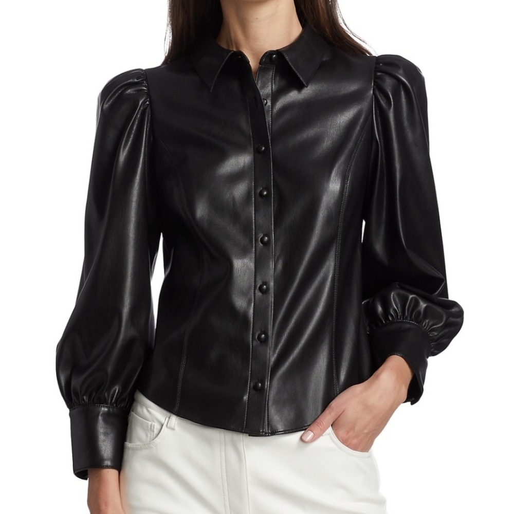 Alice+Olivia Nadine puff sleeves faux leather button up shirt black size M New